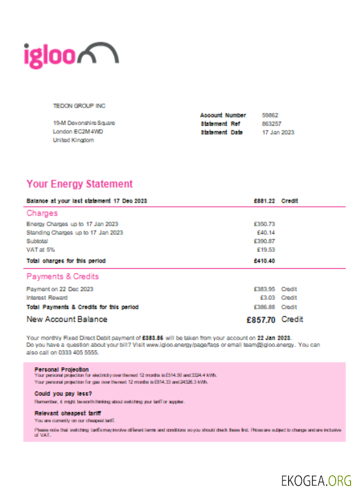 Facture commerciale du service public d'Igloo Energy, SCR